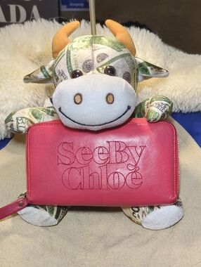 See By Chloé Coral Pink Leather Zip Wallet with Gold Accents EUC
